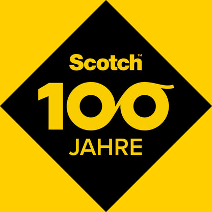 Feiern Sie 100 Jahre Scotch Tischabroller-Innovation mit dem schwarzen C10 Abroller von 3M, der ein gelbes Rautenlogo mit "Scotch" in Gelb, die Zahl "100" mit unendlich vielen Nullen und "JAHRE" auf einem kräftigen gelben Hintergrund zeigt.