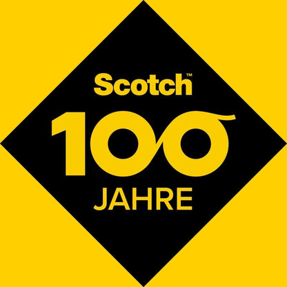 Čierny kosoštvorec so žltým nápisom "Scotch 100 rokov", so štýlizovanou 100 na žltom pozadí, oslavuje 100 rokov Scotch® Box Lock™ baliacej pásky (48 mm x 20,3 m) od 3M Deutschland GmbH.