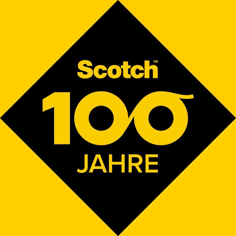 Čierny kosoštvorec na žltom pozadí zobrazuje logo obojstrannej lepiacej pásky Scotch® nad tučným žltým nápisom "100" s "rokov" pod ním, oslavujúc tak 100 rokov kvality 3M Deutschland GmbH. Vrátane balenia náhradných náplní, 2 role, 12 mm x 6,3 m.
