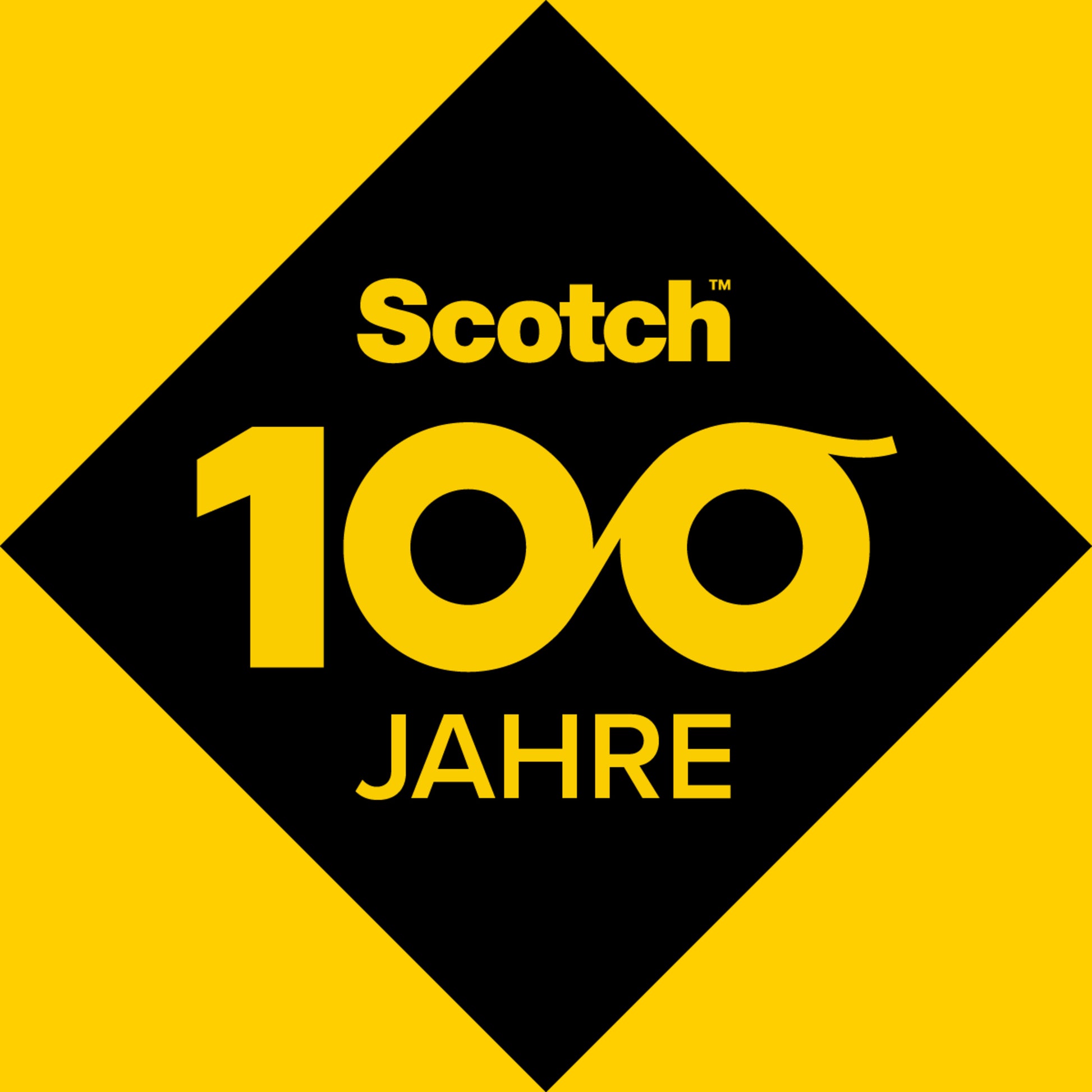 Eine schwarze Raute auf Gelb mit dem Scotch-Logo, "100" (unendliche Nullen) und "Jahre" markiert 100 Jahre Scotch® Magic™ Unsichtbares Klebeband, 19 mm x 33 m, jetzt im 6er-Pack mit dem lila C18 Abroller der 3M Deutschland GmbH.