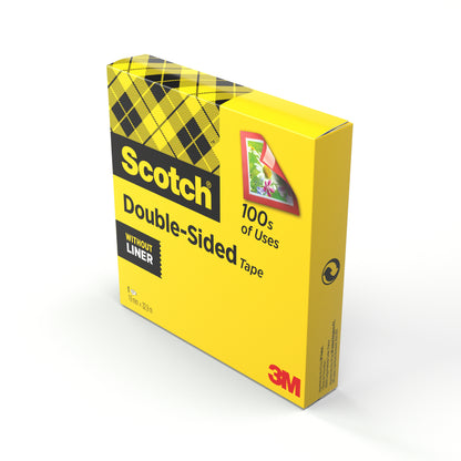 Eine gelbe Schachtel Scotch® doppelseitiges Klebeband (1 Rolle, 19 mm x 33 m) von 3M Deutschland GmbH, ideal für Bastelbedarf, zeigt das Etikett und eine Blumenkarte-ohne Liner.