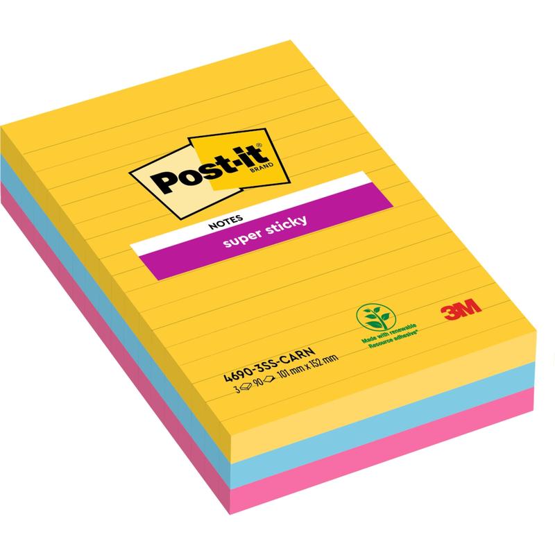 Balenie Post-it® Super Sticky Notes, linajkované a vo veľkom formáte (101 mm x 152 mm, 90 listov/blok) od 3M Deutschland GmbH. Vyrobené zo 100% PEFC-certifikovaného papiera. Farby: žltá, modrá a ružová; balenie s ekologickou etiketou.