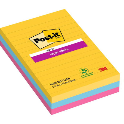 Balenie Post-it® Super Sticky Notes, linajkované a vo veľkom formáte (101 mm x 152 mm, 90 listov/blok) od 3M Deutschland GmbH. Vyrobené zo 100% PEFC-certifikovaného papiera. Farby: žltá, modrá a ružová; balenie s ekologickou etiketou.