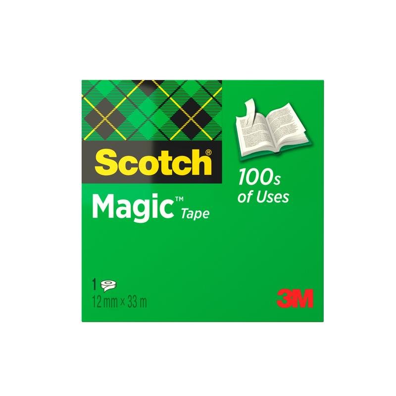 Predná strana zelenej škatuľky Scotch® Magic™ Neviditeľná lepiaca páska od 3M Deutschland GmbH, so žltým logom Scotch, otvorenou knihou a textom: "100 použití" a "1, 12 mm x 33 m"; logo 3M vpravo dole.