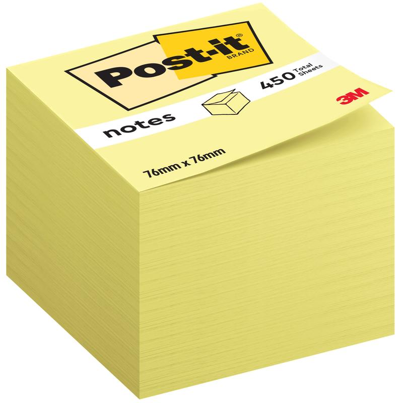 Post-it® Notes kocka 636-B od 3M Deutschland GmbH v žltej farbe obsahuje 450 samolepiacich štítkov (76 x 76 mm) z 100% PEFC-certifikovaného papiera. Vrchná strana zobrazuje produktové informácie a logo Post-it aj 3M.