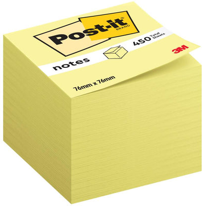 Post-it® Notes kocka 636-B od 3M Deutschland GmbH v žltej farbe obsahuje 450 samolepiacich štítkov (76 x 76 mm) z 100% PEFC-certifikovaného papiera. Vrchná strana zobrazuje produktové informácie a logo Post-it aj 3M.