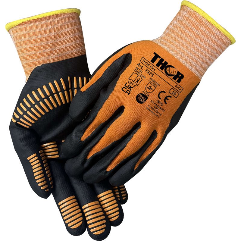 Rukavice Thor Flex Multigrip od Abena Re-Seller GmbH sú s ich oranžovými a čiernymi farbami, protišmykovými gumovými úchytmi na dlaniach a prstoch, ako aj s bezpečnostnými označeniami na chrbte ruky, robustnou voľbou pre rôzne úlohy.