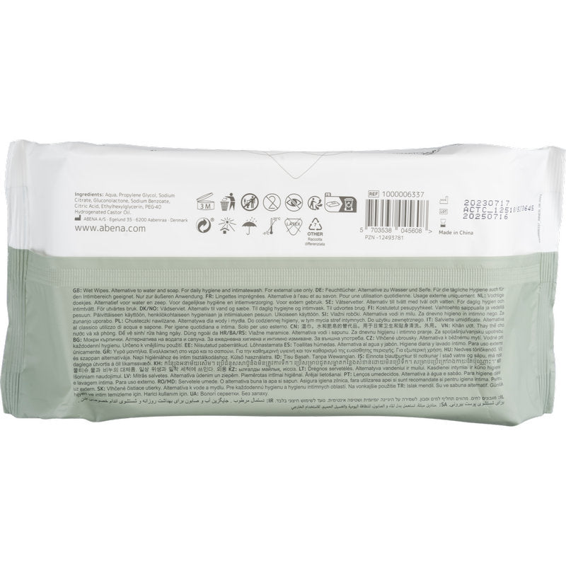 Zadná strana balenia vlhčených utierok Abena Re-Seller GmbH (80 kusov, 18x20 cm, biele, s lepiacim uzáverom) zobrazuje informácie o produkte, symboly použitia, čiarový kód, dátum spotreby a údaje o výrobcovi na dennú hygienu vo viacerých jazykoch.