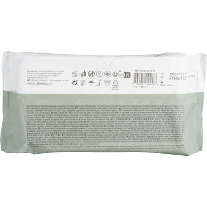 Zadná strana balenia vlhčených utierok Abena Re-Seller GmbH (80 kusov, 18x20 cm, biele, s lepiacim uzáverom) zobrazuje informácie o produkte, symboly použitia, čiarový kód, dátum spotreby a údaje o výrobcovi na dennú hygienu vo viacerých jazykoch.