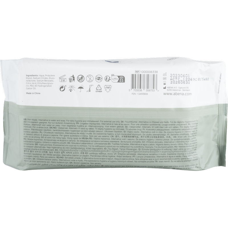 Die Rückseite einer Abena Re-Seller GmbH Feuchtpflegetücher, Mit Deckel (80 Stück, 18x20 cm) Packung zeigt Inhaltsstoffe, Anwendungshinweise, Herstellerangaben, Barcodes & Symbole in mehreren Sprachen - ideal für Reinigung unterwegs.