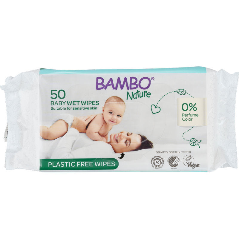 Bambo Nature Feuchpflegetücher von Abena Re-Seller GmbH: 50 biologisch abbaubare, plastikfreie und vegane Tücher aus 100% Viskose, dermatologisch getestet, ohne Parfüm und Farbstoffe - ideal für empfindliche Haut.