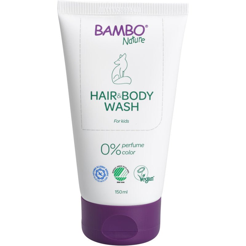Biela a fialová tuba s nápisom "Bambo Nature, Babyshampoo Haut & Haar, 150 ml" od spoločnosti Abena Re-Seller GmbH zobrazuje ilustráciu líšky a ikony pre certifikácie. Vegánska formula s 0% parfému alebo farby, ideálna pre citlivú detskú pokožku. Balenie: 6 kusov.
