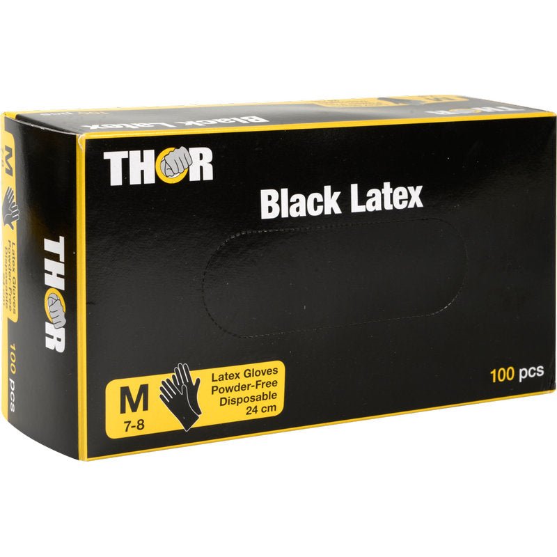 Čierna, obdĺžniková škatuľa od Abena Re-Seller GmbH s nápisom "Thor Black Latex, nepudrované" obsahuje 100 čiernych, nepudrovaných latexových rukavíc (veľkosť M 7-8, dĺžka 24 cm), so žltým a bielym písmom a grafikou na balení.