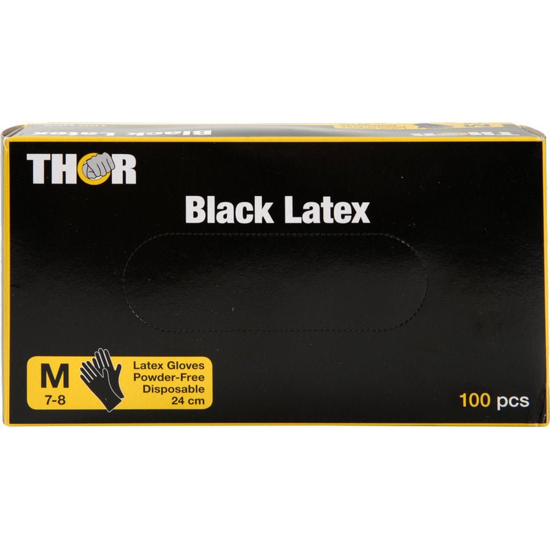 Čierna škatuľa s nápisom "Thor Black Latex, nepudrované" od Abena Re-Seller GmbH obsahuje 100 čiernych, nepudrovaných jednorazových latexových rukavíc (veľkosť M, 24 cm). Predná strana ukazuje symbol ruky a údaje v žltom rámčeku.