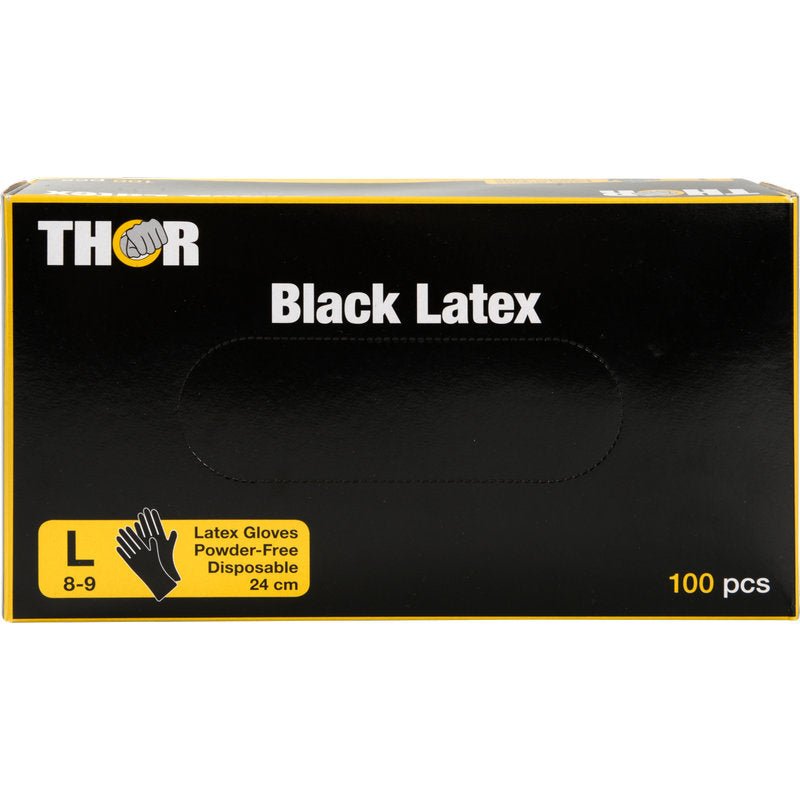 Čierna škatuľa s nápisom "Thor Black Latex, nepudrované" od Abena Re-Seller GmbH obsahuje 100 veľkých (8-9), nepudrovaných, čiernych jednorazových latexových rukavíc (24 cm). Škatuľa je vybavená žltým a bielym písmom a symbolom rukavice.