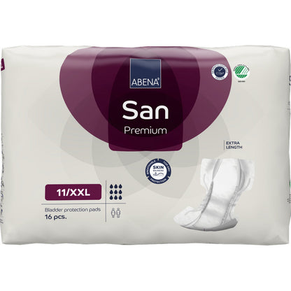 Eine Packung ABENA San Premium Inkontinenzeinlagen der Abena Re-Seller GmbH mit einer Einlage, 16 Stück pro Packung und Symbolen für hohe Saugfähigkeit, Überlänge und hautfreundliches Design.