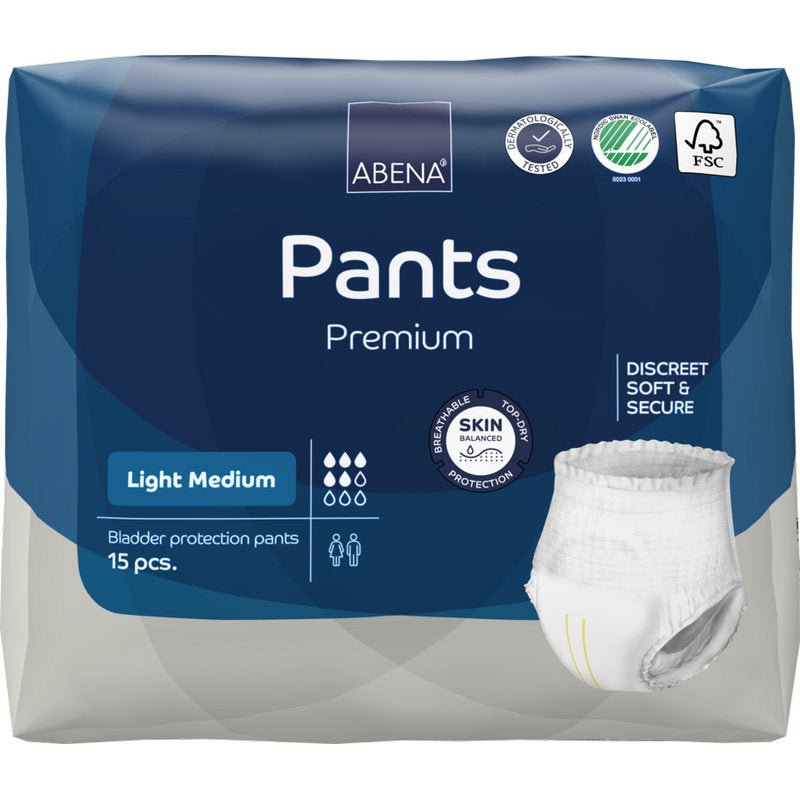 15-kusové balenie ABENA Pants Light od Abena Re-Seller GmbH ponúka diskrétny, mäkký a bezpečný komfort nosenia s ochranou pokožky, v modro-bielom obale.
