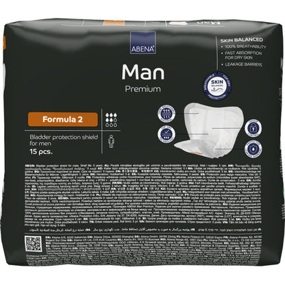 Balíček ABENA Man Formula Premium od spoločnosti Abena Re-Seller GmbH, Formula 2 (15 kusov), zabezpečuje rýchlu absorpciu, plnú priedušnosť a silné bariéry proti úniku pre optimálnu ochranu pre mužov.