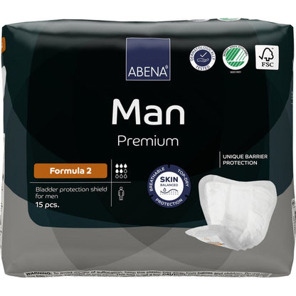 Balíček s 15 ABENA Man Formula Premium ochrannými štítkami pred močovým mechúrom od spoločnosti Abena Re-Seller GmbH je vybavený informáciami o produkte, certifikačnými logami a obrázkom štítku na obale.