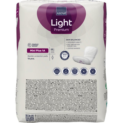 ABENA Light Mini Plus 1A, Premium od Abena Re-Seller GmbH: Balenie s 16 kusmi pre ľahkú inkontinenciu. Predná strana zobrazuje detaily produktu, vlastnosti a certifikované výhody.