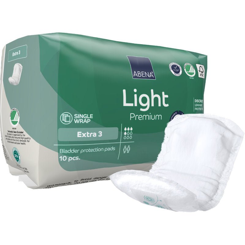 Balenie ABENA Light Extra 3, Premium od Abena Re-Seller GmbH obsahuje 10 zeleno-bielych vložiek na ochranu močového mechúra. Podložka na prednej strane ukazuje bezpečný, diskrétny dizajn pre každodenné pohodlie.