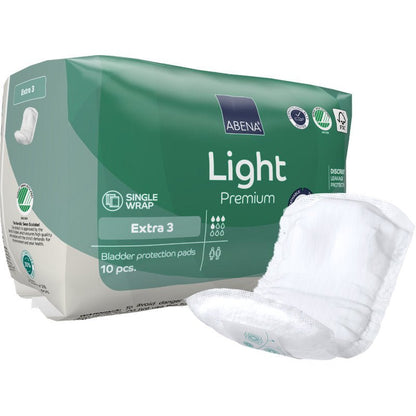Balenie ABENA Light Extra 3, Premium od Abena Re-Seller GmbH obsahuje 10 zeleno-bielych vložiek na ochranu močového mechúra. Podložka na prednej strane ukazuje bezpečný, diskrétny dizajn pre každodenné pohodlie.