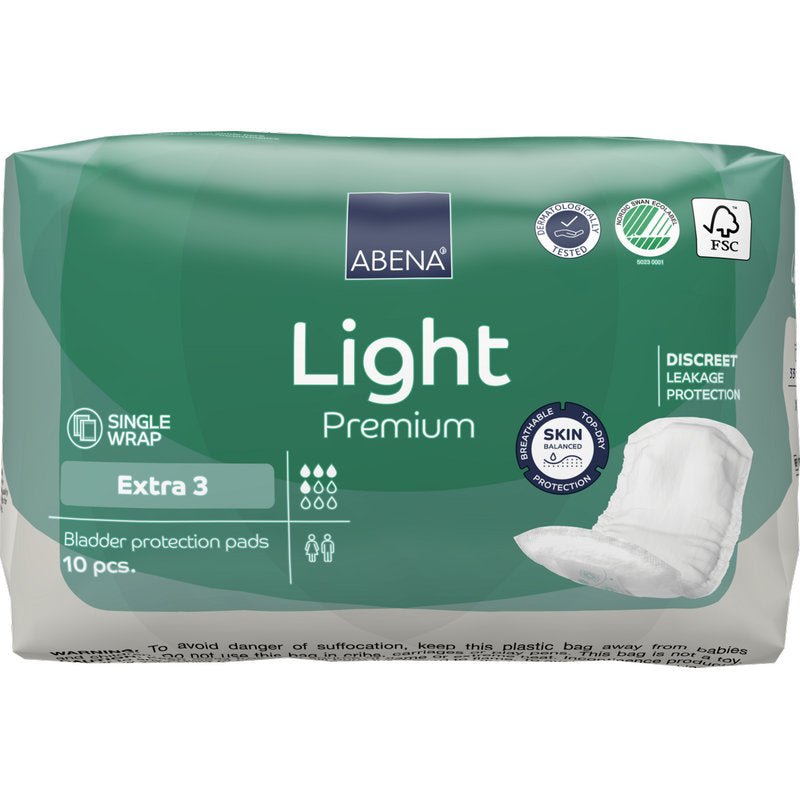 Zeleno-biele balenie ABENA Light Extra 3, Premium od Abena Re-Seller GmbH obsahuje 10 kusov vložiek na ochranu močového mechúra. Balenie zobrazuje vlastnosti a obrázok vložky na pravej strane pre každodenné pohodlie.