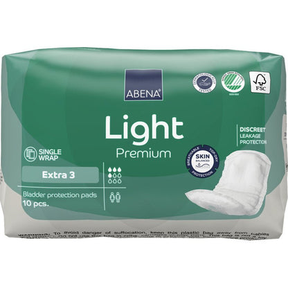 Zeleno-biele balenie ABENA Light Extra 3, Premium od Abena Re-Seller GmbH obsahuje 10 kusov vložiek na ochranu močového mechúra. Balenie zobrazuje vlastnosti a obrázok vložky na pravej strane pre každodenné pohodlie.