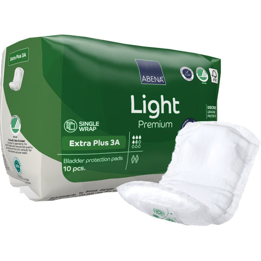 Eine grüne Packung mit der Aufschrift "ABENA Light Extra Plus 3A, Premium" von Abena Re-Seller GmbH, enthält 10 Paar Inkontinenzeinlagen für Blasenschwäche. Zu den Merkmalen gehören Einzelverpackung und Diskretion, mit einem weißen Pad auf der Vorderseite.