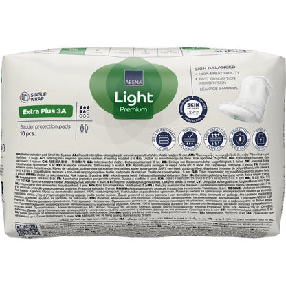 Balenie ABENA Light Extra Plus 3A, Premium inkontinenčné vložky (10 kusov) od Abena Re-Seller GmbH. Prevažne biele balenie má zelené a sivé akcenty s údajmi o produkte, vlastnosťami a pokynmi na použitie.