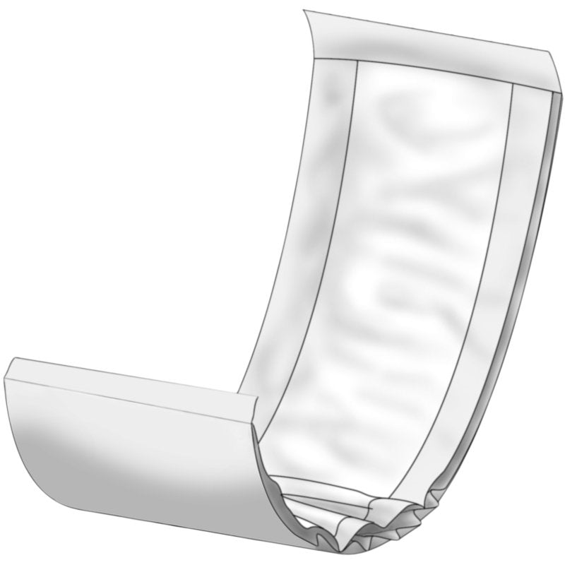 Digitálna ilustrácia rozloženej jednorazovej plienky ABENA Let od spoločnosti Abena Re-Seller GmbH, zobrazená z bočného pohľadu, zdôrazňuje absorpčné vnútorné vrstvy a kontúrovaný dizajn pre optimálne vstrebávanie tekutín.