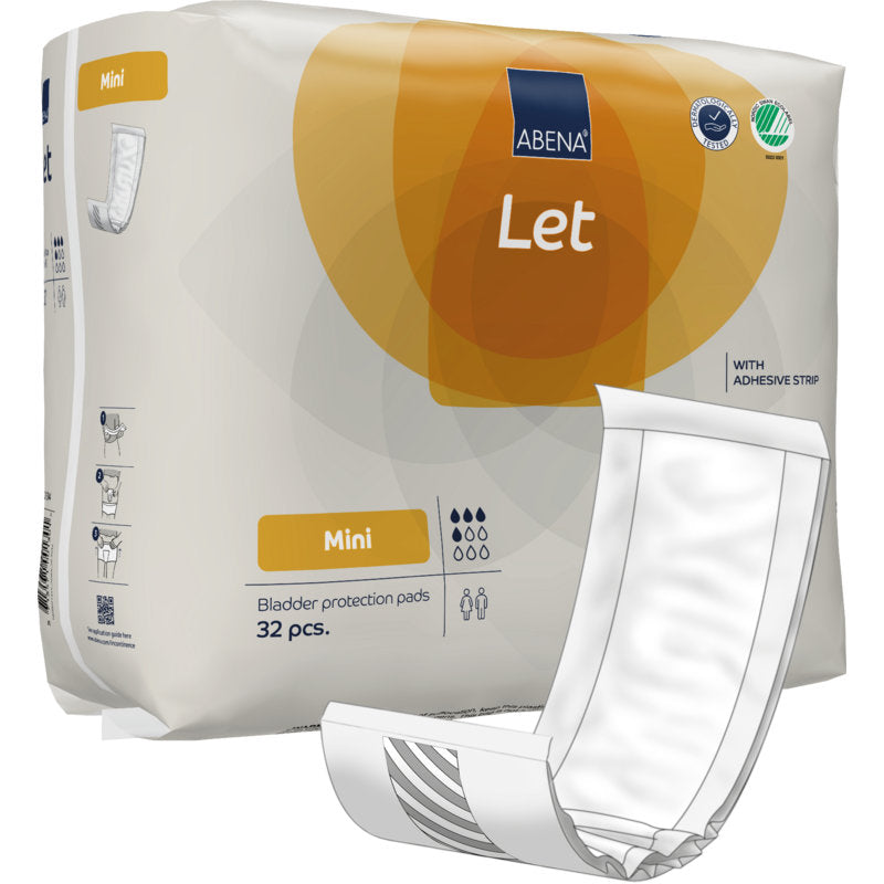 Na obrázku je balenie s 32 ABENA Let ochrannými vložkami na močový mechúr od spoločnosti Abena Re-Seller GmbH s vložkou na prednej strane. Prevažne biele balenie má oranžové a modré akcenty a pripomína kvalitnú tašku ABENA Let.
