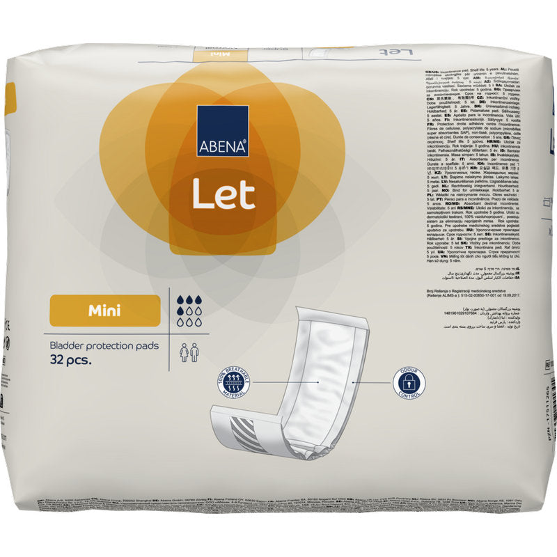 Balenie s 32 ABENA Let ochrannými vložkami na močový mechúr od spoločnosti Abena Re-Seller GmbH vyniká prevažne bielym dizajnom s oranžovými akcentmi a ilustráciou vložky - ideálne na uskladnenie vo vašej odolnej taške.