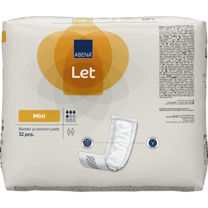 Balenie s 32 ABENA Let ochrannými vložkami na močový mechúr od spoločnosti Abena Re-Seller GmbH vyniká prevažne bielym dizajnom s oranžovými akcentmi a ilustráciou vložky - ideálne na uskladnenie vo vašej odolnej taške.