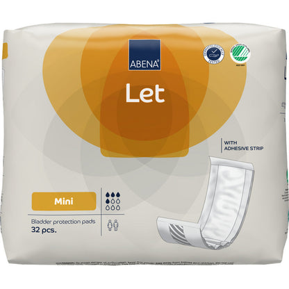 Balenie s 32 ABENA Let ochrannými vložkami na močový mechúr od spoločnosti Abena Re-Seller GmbH je dodávané v prevažne bielom vrecku s oranžovými a modrými akcentmi, na ktorom je zobrazená vložka s lepiacim pásikom.