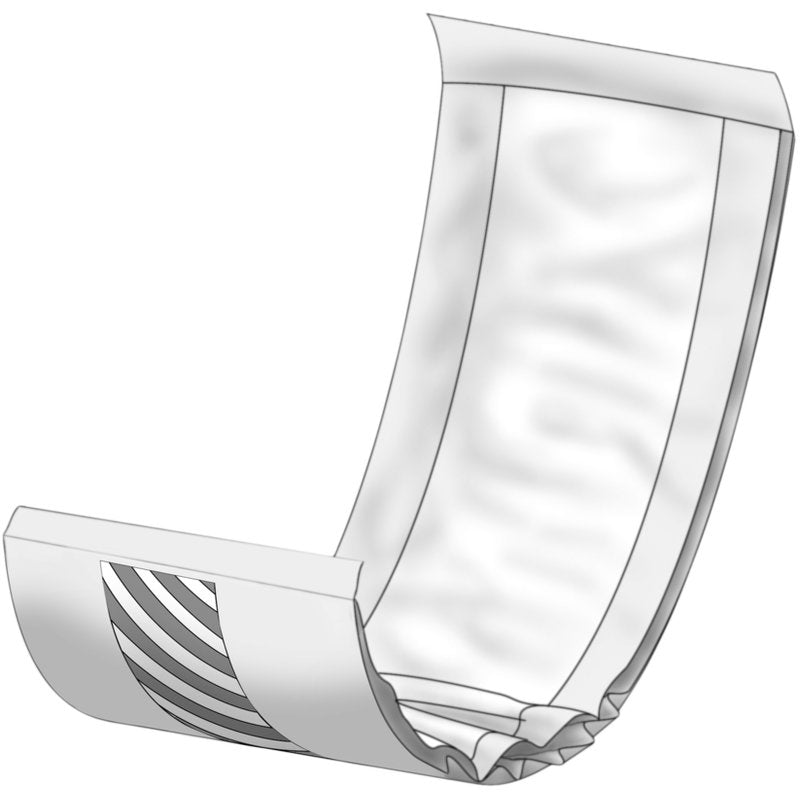 Jednoduchá čiernobiela ilustrácia rozloženej jednorazovej plienky ABENA Let od spoločnosti Abena Re-Seller GmbH, ktorá zdôrazňuje absorpčné vnútorné materiály a elastické manžety na nohách - ideálne na prenášanie v kvalitnej taške na cestách.