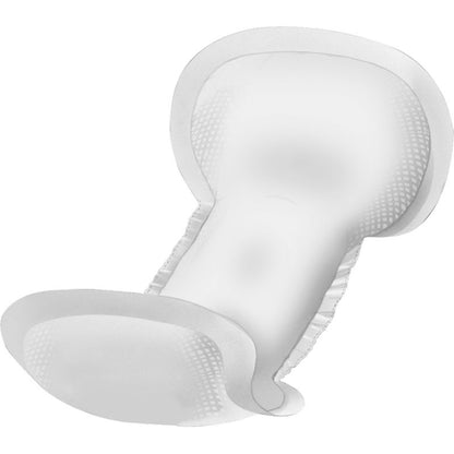 Detailný záber na bielu jednorazovú inkontinenčnú vložku ABENA Let od spoločnosti Abena Re-Seller GmbH s oblými okrajmi a elastickými bočnými záhybmi pre bezpečné uchytenie.