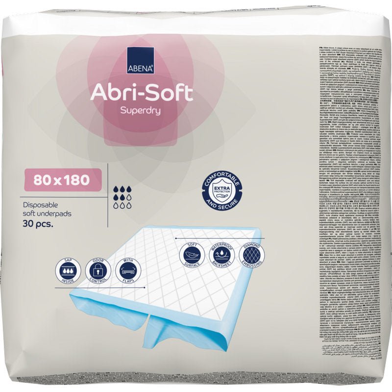 Balenie s 30 jednorazovými podložkami Abri-Soft Superdry (80x180 cm) od Abena Re-Seller GmbH. Balenie zdôrazňuje použitie pre inkontinenciu, ukazuje veľkosť a zobrazuje obrázky mäkkej konštrukcie podložky.