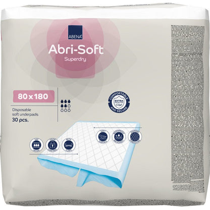 Balenie s 30 jednorazovými podložkami Abri-Soft Superdry (80x180 cm) od Abena Re-Seller GmbH. Balenie zdôrazňuje použitie pre inkontinenciu, ukazuje veľkosť a zobrazuje obrázky mäkkej konštrukcie podložky.