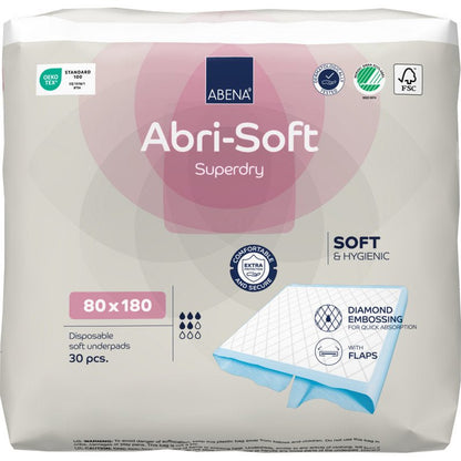 Balenie 30 kusov Abena Re-Seller GmbH jednorazovej podložky Abri-Soft Superdry 80x180 cm ponúka hygienickú, extra savú ochranu proti inkontinencii s mäkkým materiálom a diamantovým vzorom pre optimálny komfort a absorpciu.