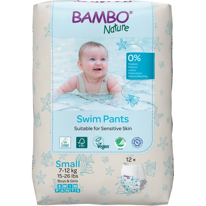 Bambo Nature plienky na plávanie, veľkosť S, 7-12 kg (balenie s 12 kusmi) od Abena Re-Seller GmbH sú bez parabénov a parfumov - ideálne pre citlivú detskú pokožku a malých plavcov s hmotnosťou 7-12 kg.