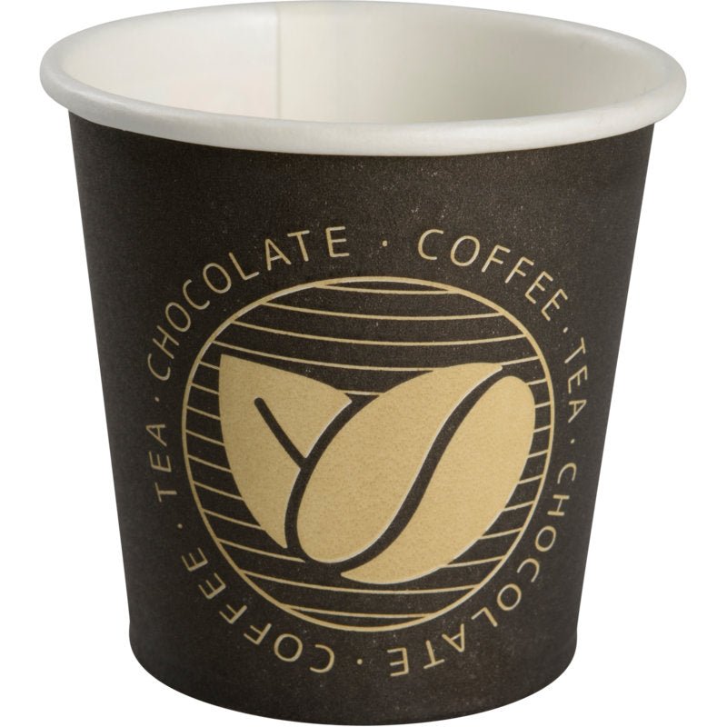 Espresso pohár "Beans", 10 cl od spoločnosti Abena Re-Seller GmbH je čierny papierový pohár s béžovým vnútrom, kruhovým logom Beans Design a nápisom "COFFEE - TEA - CHOCOLATE" v béžovej farbe. Predáva sa v baleniach po 50 kusoch.