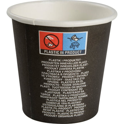 Čierny espresso pohár "Beans", 10 cl od spoločnosti Abena Re-Seller GmbH, s viacjazyčným varovaním "PLASTIC IN PRODUCT" a ikonami prečiarknutých príborov a včely - alternatíva ku keramike, balenie po 50 kusoch.