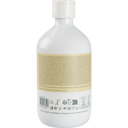 Eine weiße Kunststoffflasche der Abena Re-Seller GmbH Hautpflegeöl (500 ml) mit weißem Verschluss ist von hinten abgebildet und zeigt Produktinformationen, natürliche Inhaltsstoffe und mehrsprachige Hinweise - ideal für die tägliche Hautpflege. Am unteren Rand des Etiketts befinden sich Icons.