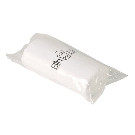 Eine Rolle Bin Line Beutel 30 L, 470x840 mm, 10 my LLDPE, Weiß (20 Beutel) von Abena Re-Seller GmbH, verpackt in einer durchsichtigen Kunststoffverpackung mit dem "Bin Lin"-Logo in Schwarz auf der Vorderseite.