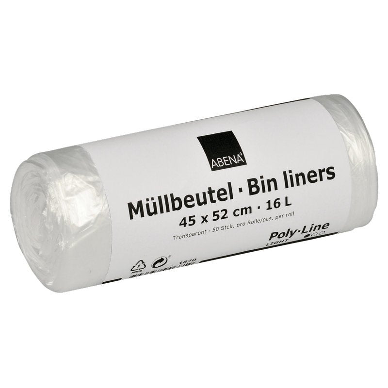 Jedna väčšinou biela rola s nápisom "Abena Re-Seller GmbH Müllbeutel 16 L, 450x520 mm, 4,5 my HDPE, Transparent" obsahuje 50 vriec na odpadky na rolu.