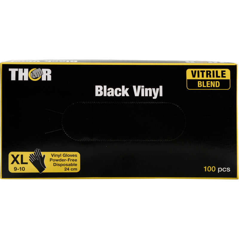 Eine Box Thor Black Vinyl, Vitrile Blend, puderfrei von Abena Re-Seller GmbH, Größe XL 9-10, enthält 100 Stück (24 cm lang) im schwarz-gelben Design.