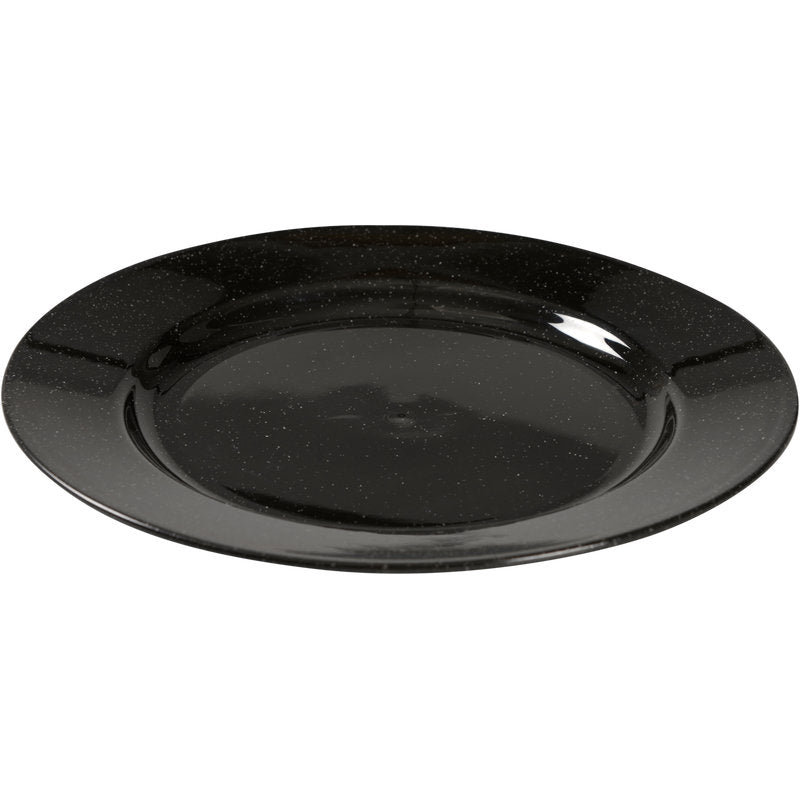 Opakovane použiteľný tanier, čierny od Abena Re-Seller GmbH je okrúhly, čierny lesklý tanier s jemne vyvýšeným okrajom - ekologická alternatíva pre váš stôl, zobrazená v jednoduchom dizajne na bielom pozadí.