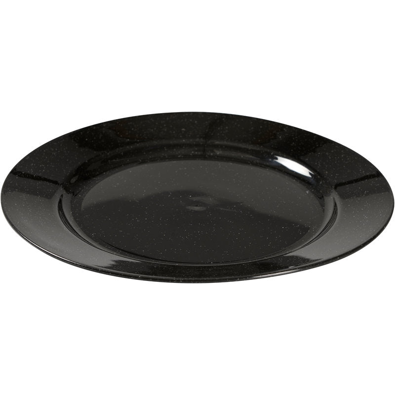 Opakovane použiteľný tanier Abena Re-Seller GmbH, čierny sa vyznačuje lesklým, čiernym škvrnitým povrchom a okrúhlym dizajnom - ekologická alternatíva pre štýlové stolovanie, zobrazená na bielom pozadí.