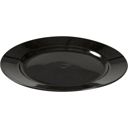 Opakovane použiteľný tanier Abena Re-Seller GmbH, čierny sa vyznačuje lesklým, čiernym škvrnitým povrchom a okrúhlym dizajnom - ekologická alternatíva pre štýlové stolovanie, zobrazená na bielom pozadí.